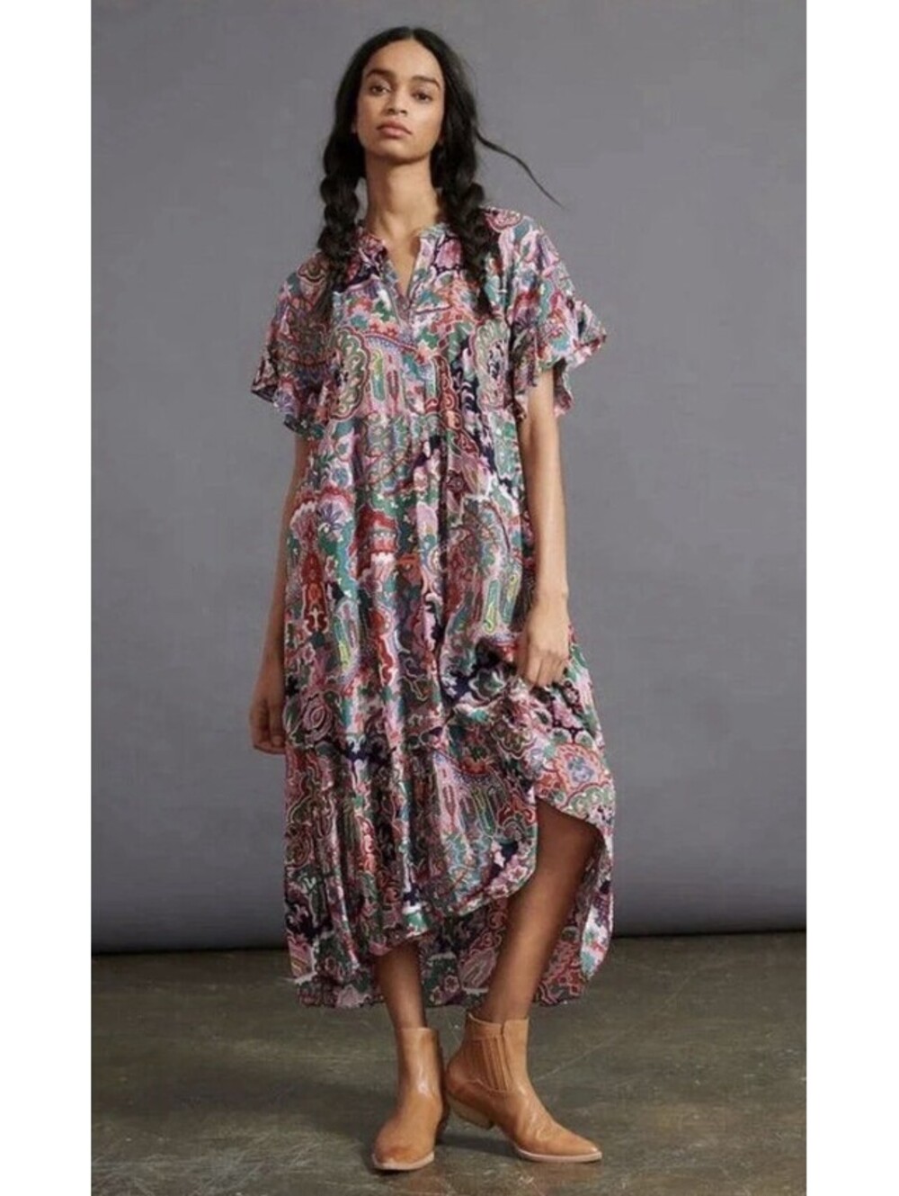 Anthropologie Antoinette lilac floral paisley maxi ruffle sleeve dress XSP